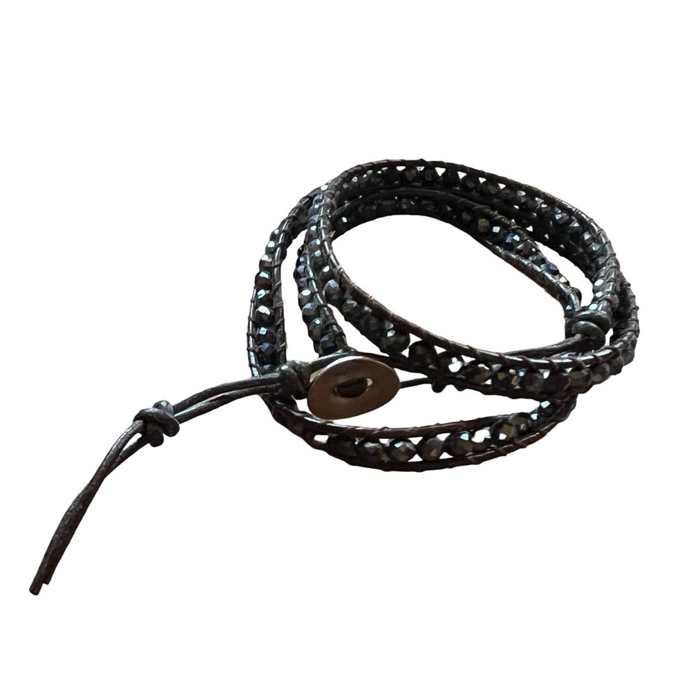 Blue/Black Gemstone Leather Wrap Bracelet